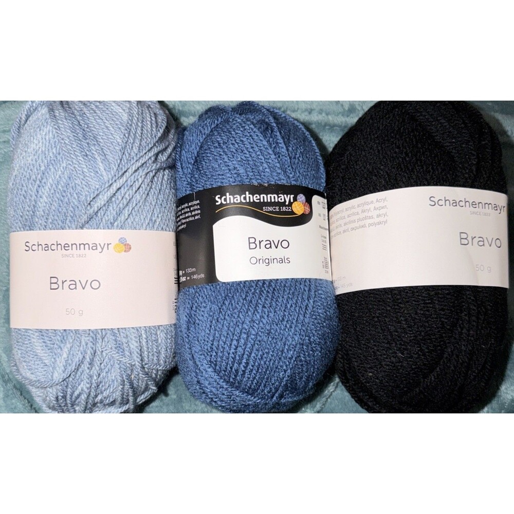 Schachenmayr Bravo Yarn Lot – 3 Skeins 50g Acrylic Medium Weight #4 (Blue/Black)